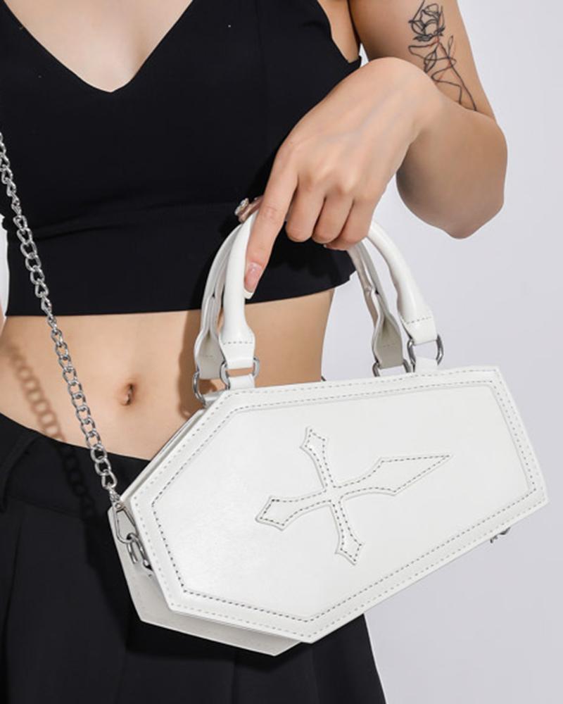 

Cross Pattern Chain Decor Coffin Shaped Crossbody Bag, White