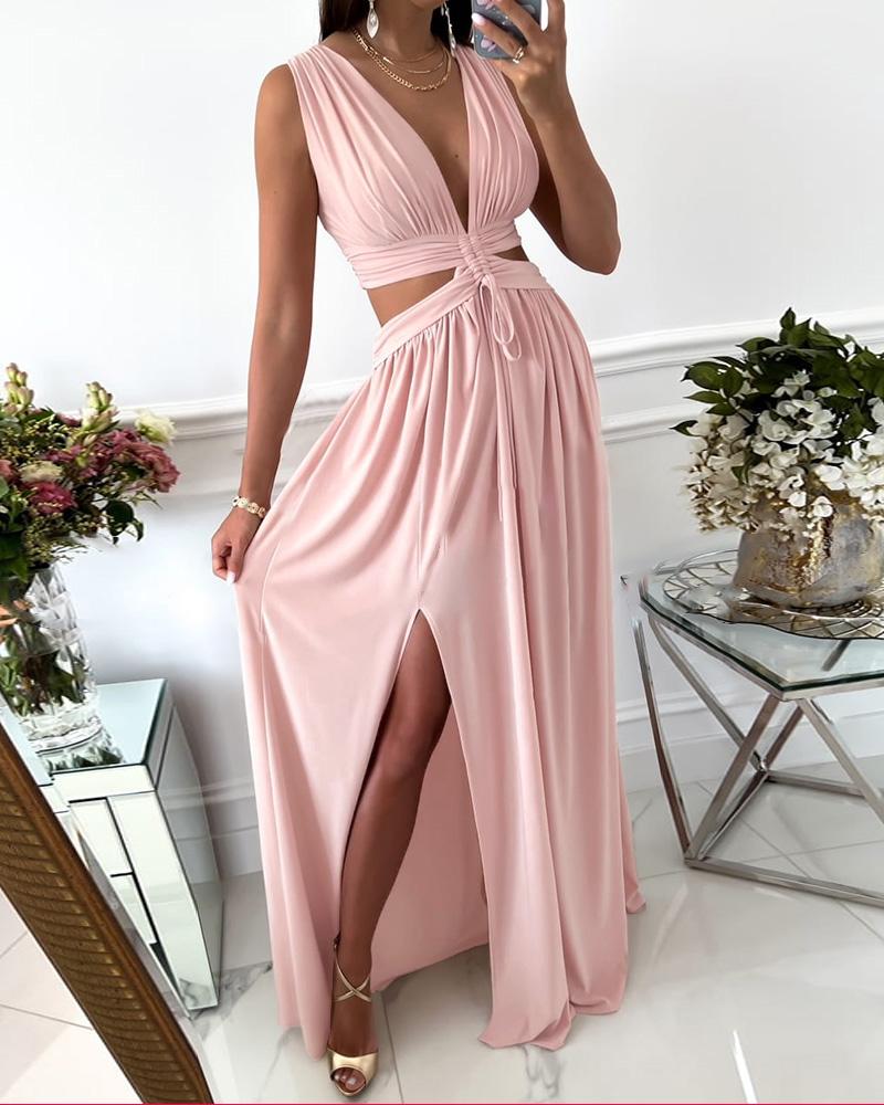 

Plunge Cutout Drawstring Slit Ruched Maxi Dress, Pink