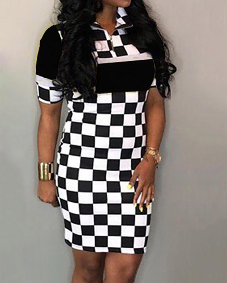 

Checkerboard Turn Down Neck Mini Dress, Black