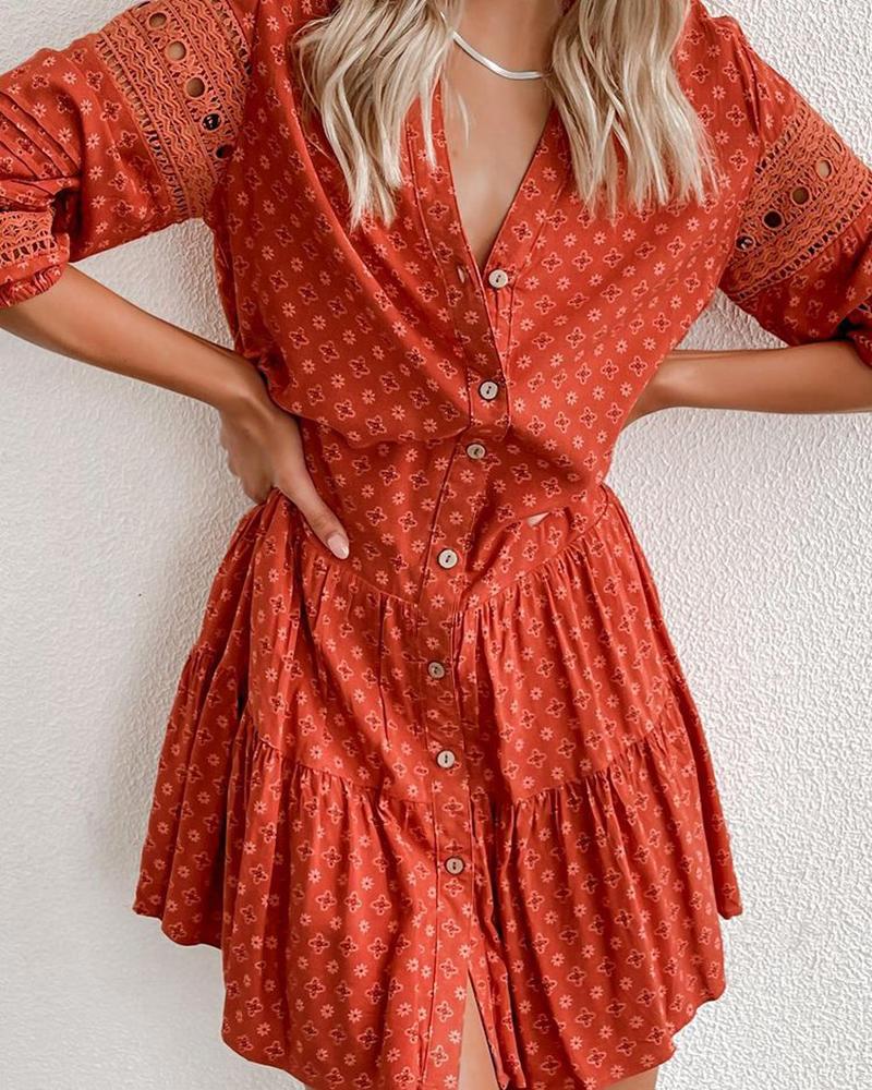 

Polka Dot Print V Neck Button Front Ruched Dress, Red