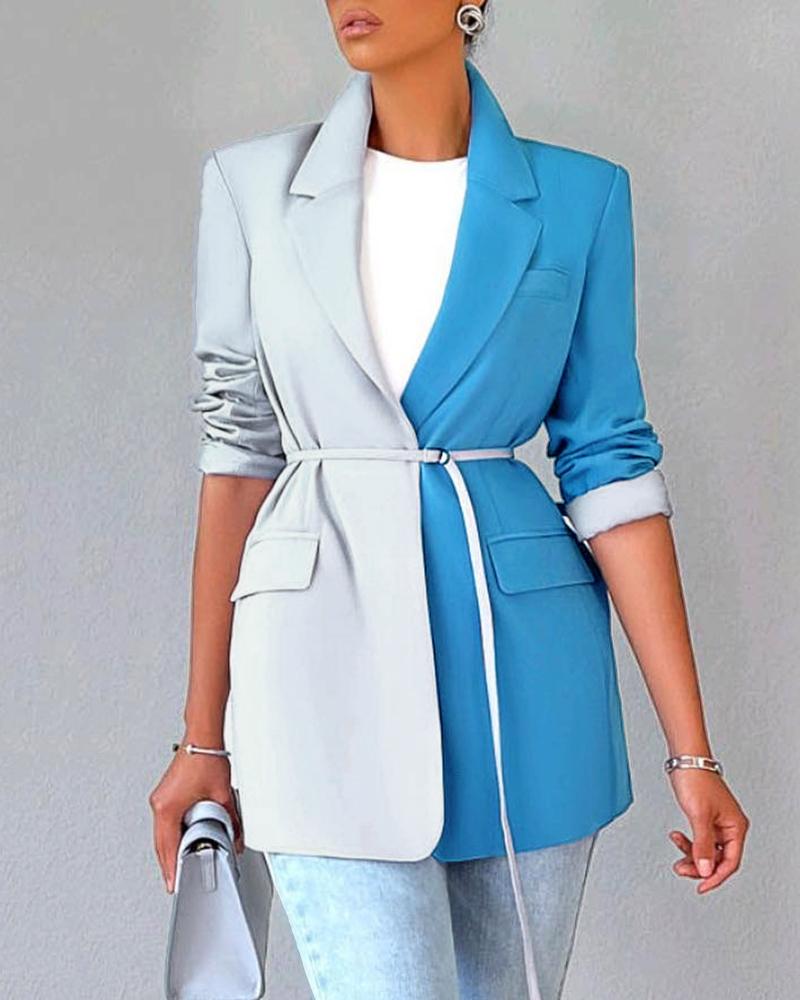 

Colorblock Long Sleeve Blazer Coat With Belt, Blue