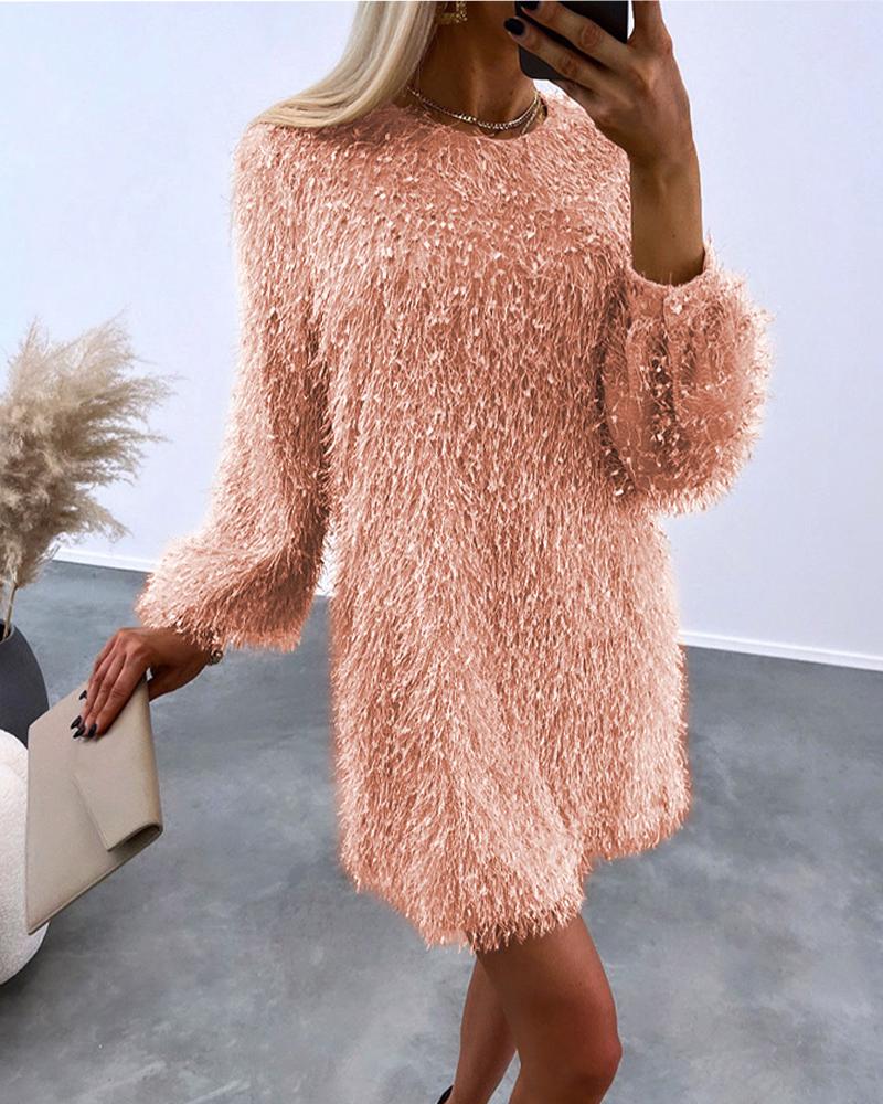 

Fluffy Long Sleeve Casual Dress, Pink