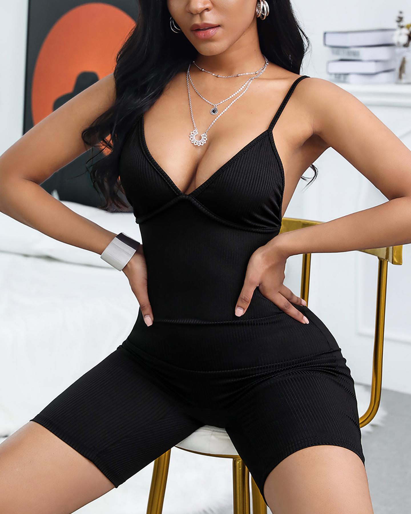 

Spaghetti Strap Ribbed Fitted Romper, Black