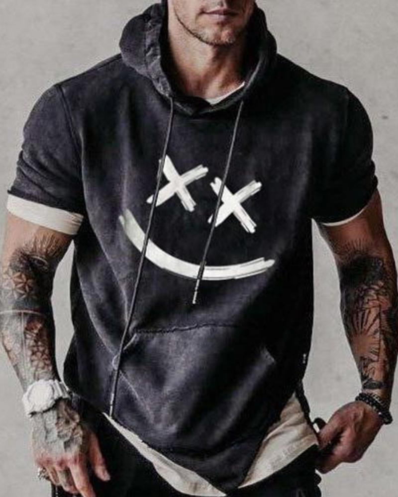 

Graphic Pattens Print Short Sleeve Loose Hooded Sweatshirts, Black