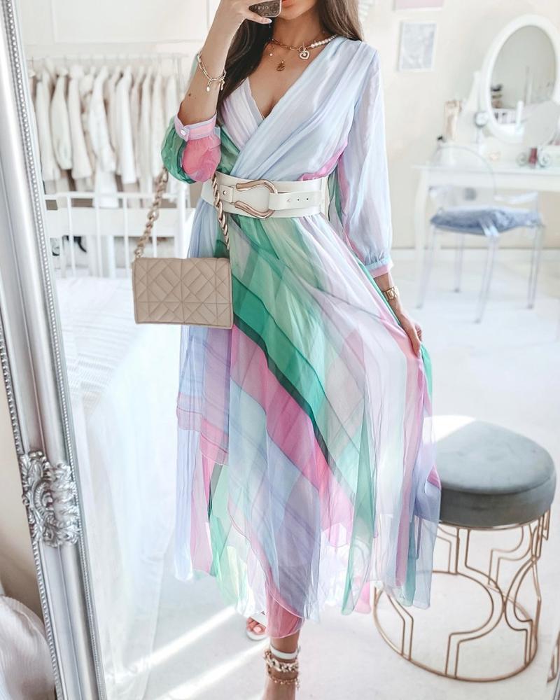 

Colorful Striped V-Neck Maxi Dress, Green