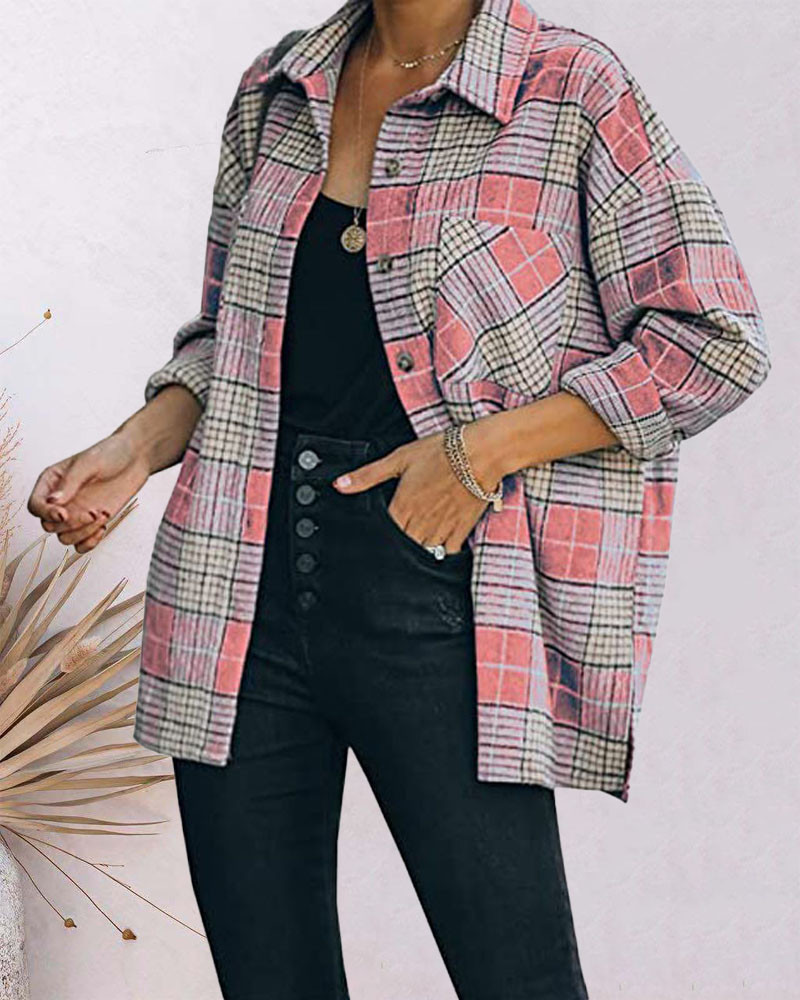 

Plaid Print Long Sleeve Button Down Shacket, Pink