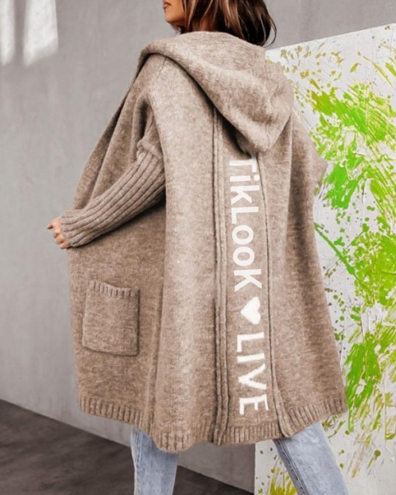

Heart Letter Pattern Pocket Design Hooded Cardigan, Khaki