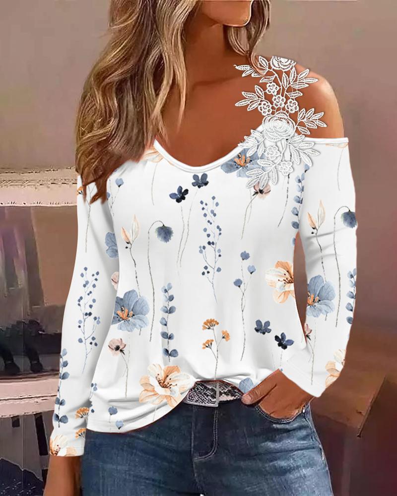 

Floral Print Cold Shoulder Lace Patch Top, White