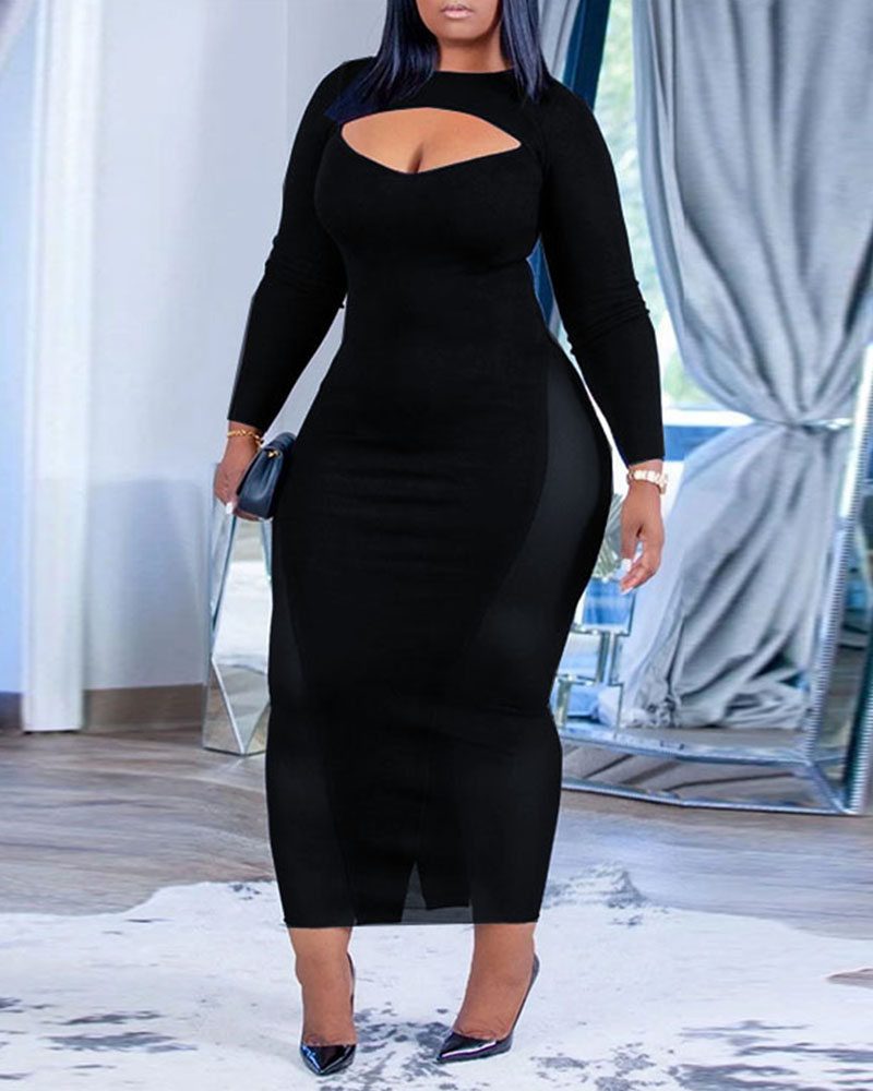 

Plus Size Contrast Mesh Cutout Bodycon Dress, Black