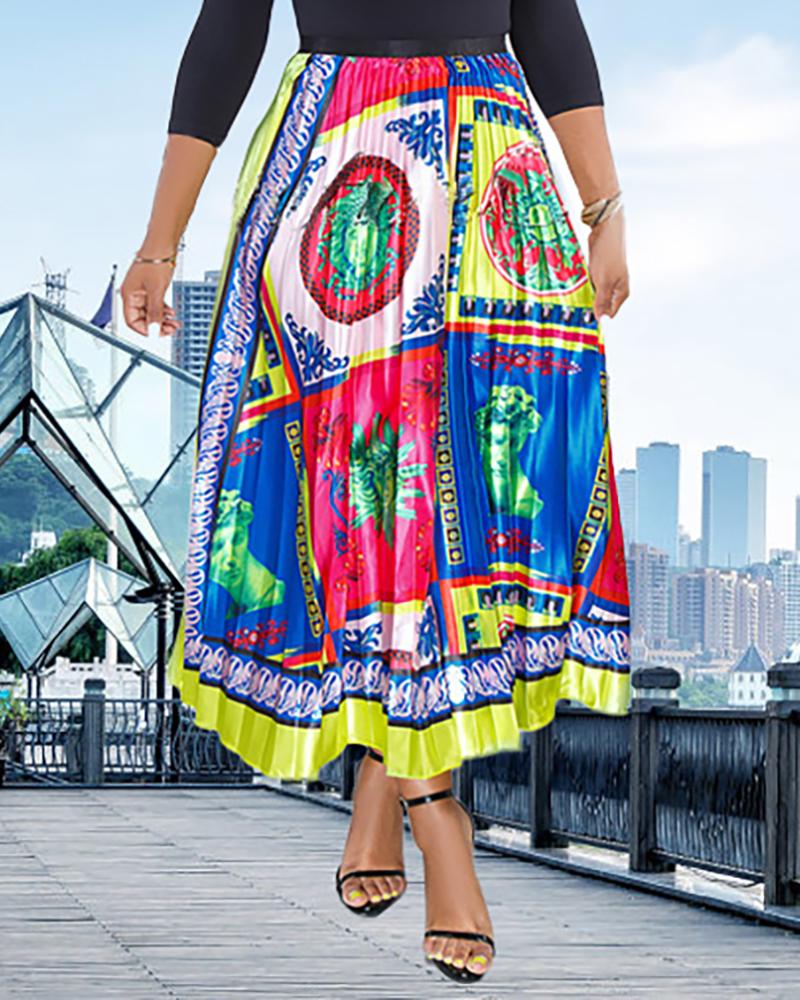 

High Waist Colorful Print Pleated Skirts, Multicolor