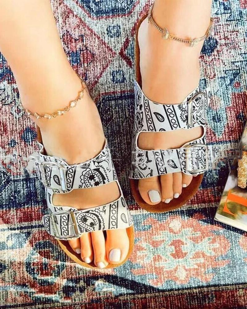 

Round-toe All Over Print Double Buckles Platform Slippers, White