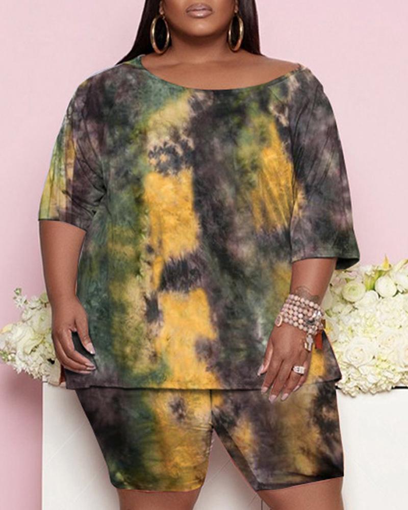 

Plus Size Tie Dye Print Casual Top & Shorts Set, Yellow