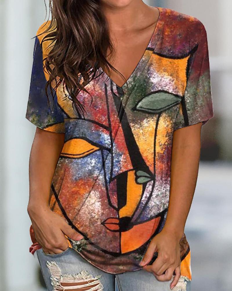 

Women' T-shirt Orange Portrait Painting Print Casual Tee, Multicolor