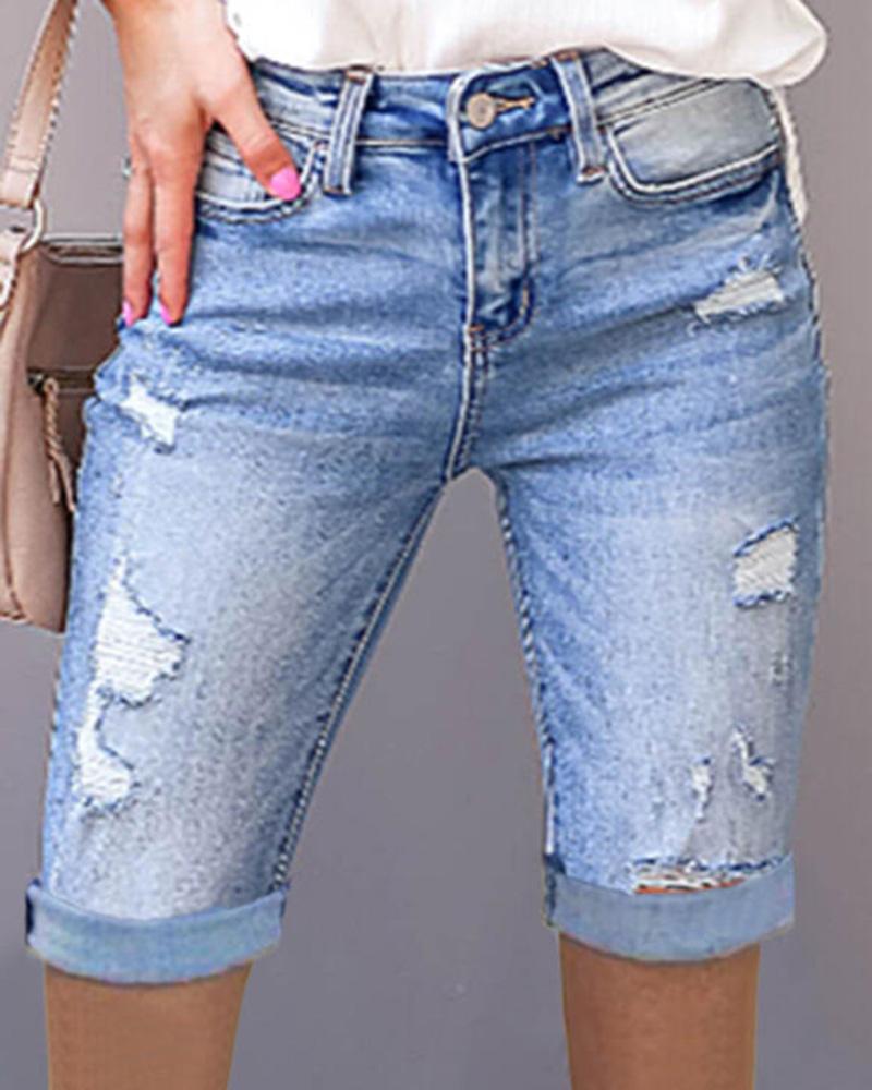 

Ripped Pocket Design Denim Shorts, Blue