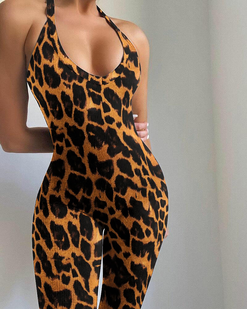 

Leopard Print Sleeveless Unitard Jumpsuit, Yellow