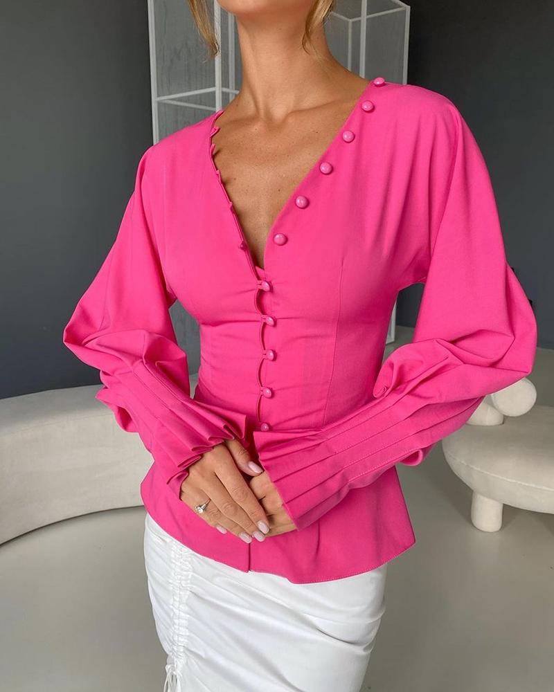 

Pleated Lantern Sleeve Button Front Top, Hot pink