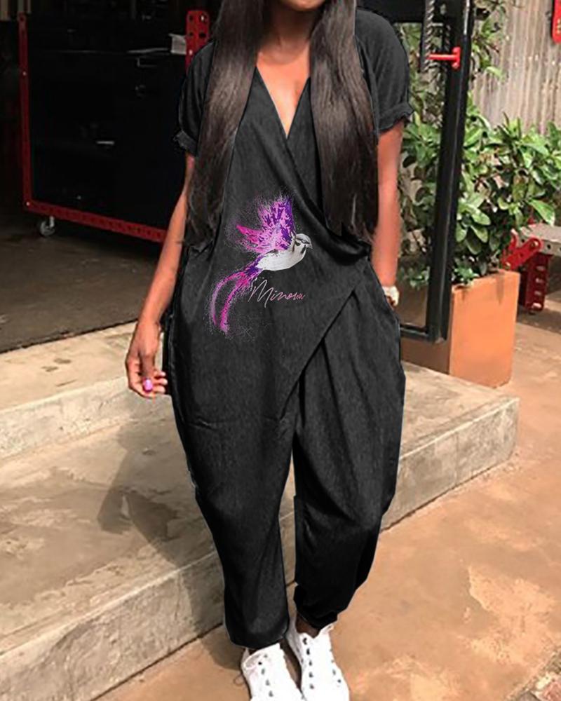 

Stylish Pocket Wrapped Bird Print Jumpsuit, Black