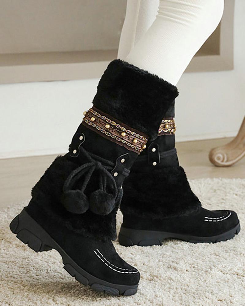 

Tribal Pom Pom Fuzzy Detail Lined Calf Snow Boots, Black