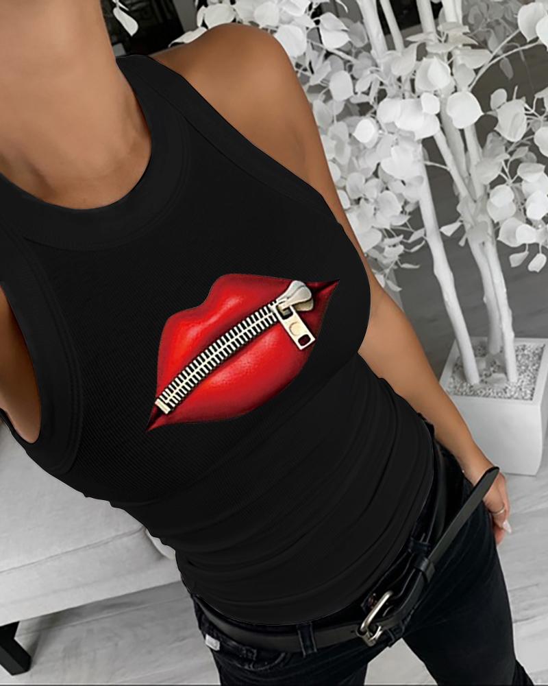 

Lip Zipper Print Sleeveless Casual Top, Black