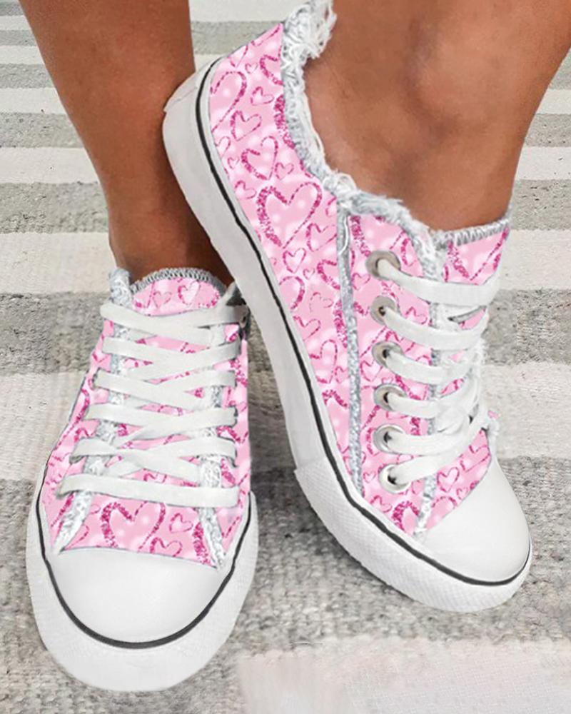 

Valentine's Day Heart Print Lace-up Fringe Hem Canvas Sneakers, Pink