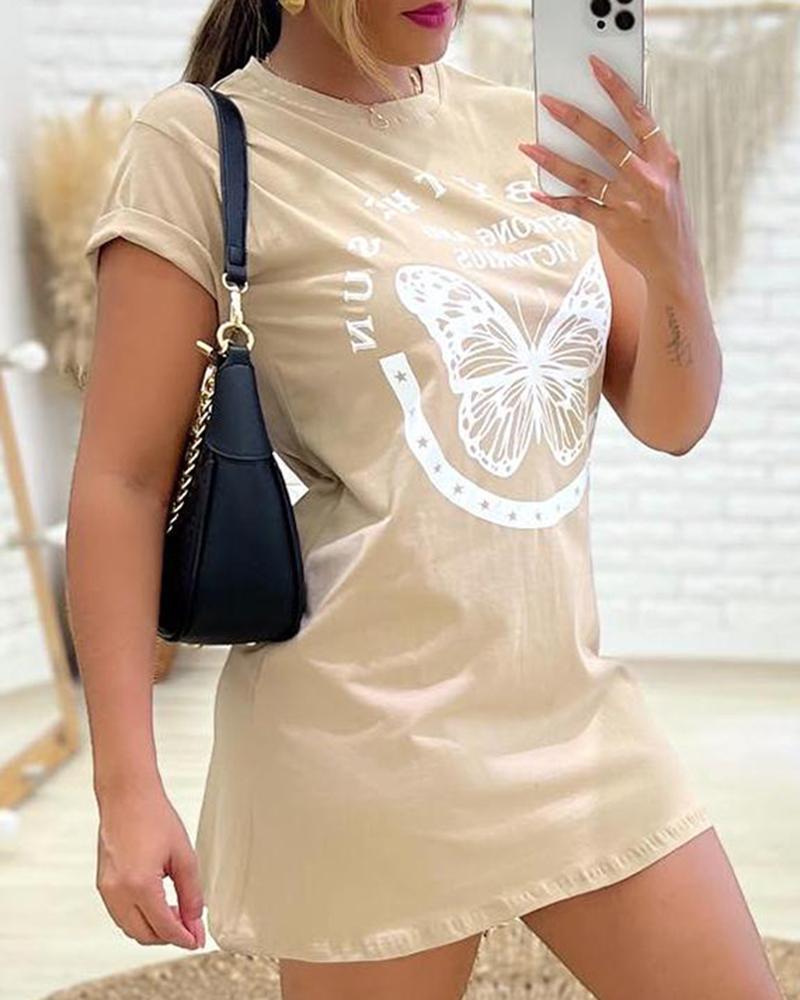 

Butterfly Letter Print Roll Hem Casual Dress, Beige