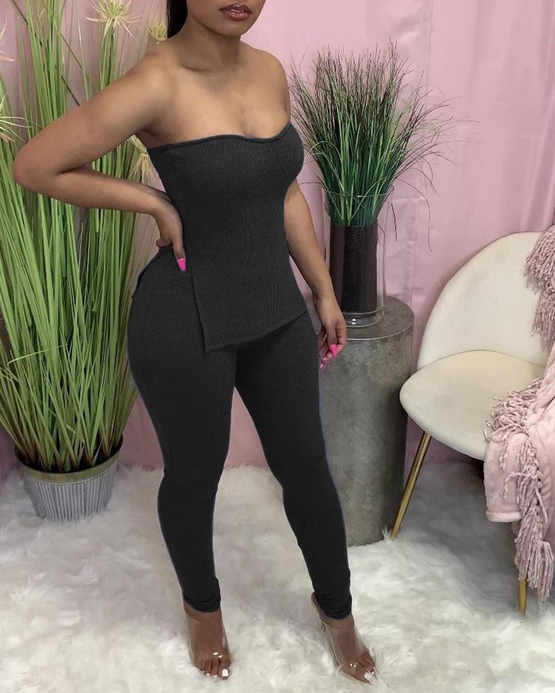 

Plain Blouse & Slit Pit Pants 2 PCS Set, Black