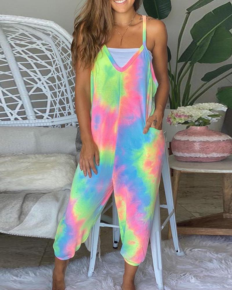

Tie Dye Print Pocket Design Ruffles Jumpsuit, Multicolor