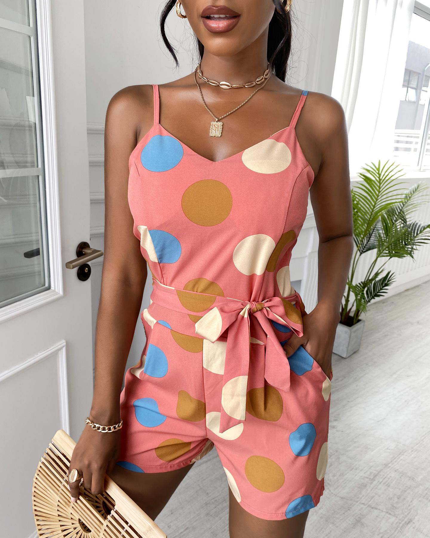 

Polkadot Print Pocket Design Tied Detail Romper, Style1