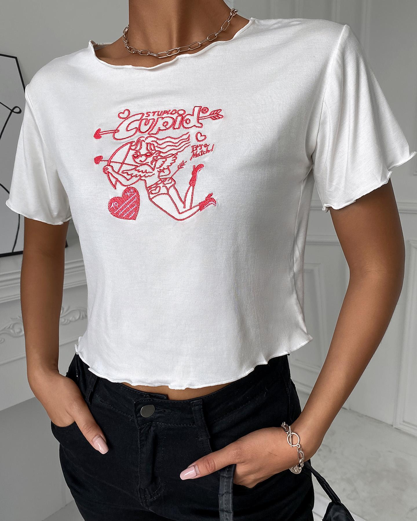

Cupid Letter Embroidery Short Sleeve T-Shirt, White