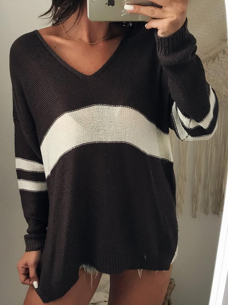 

Contrast Color V Neck Casual Sweater, Black&white;brown