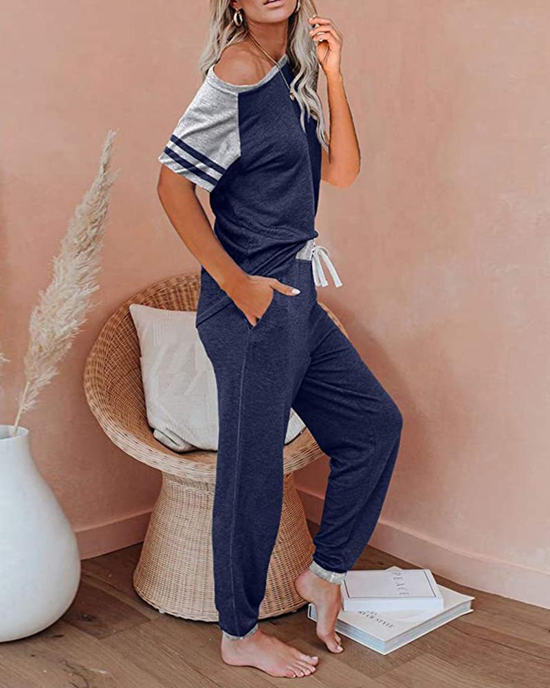 

Patchwork Design Short Sleeve Top & Pants Set, Dark blue