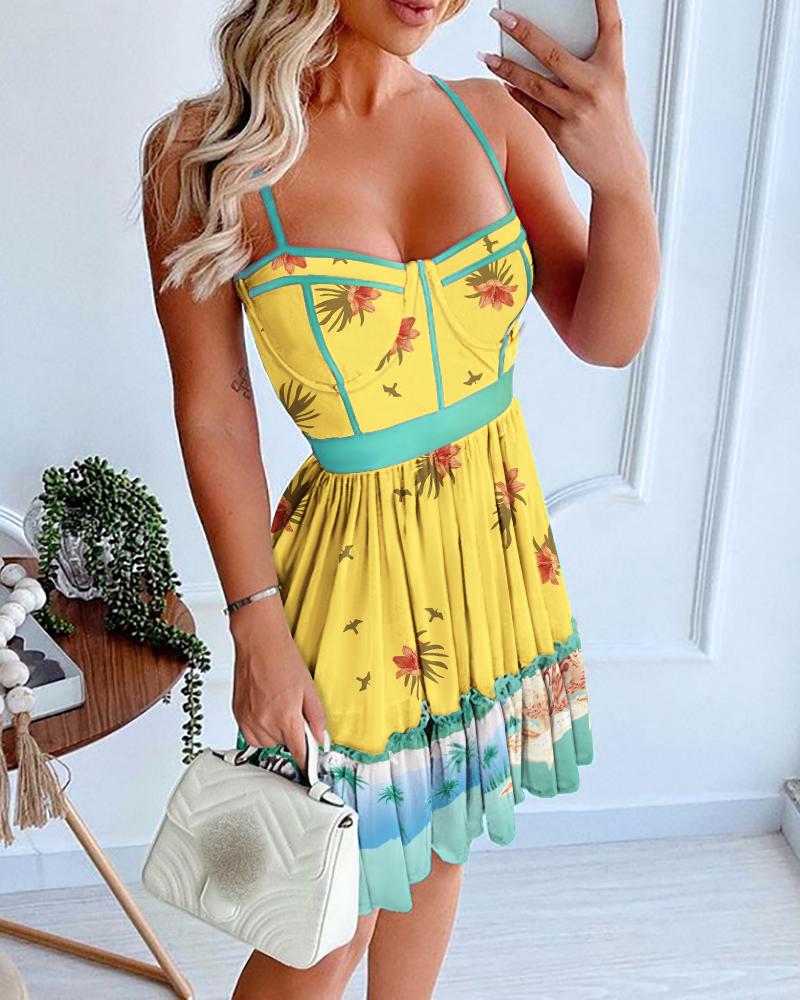 

Spaghetti Strap Tropical Print Dress, Multicolor