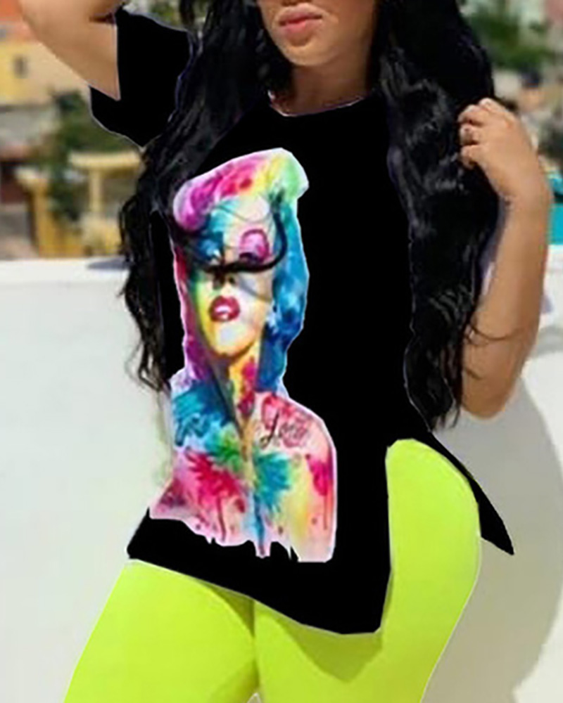 

Figure Print Slit Top & Plain Shorts Set, Black