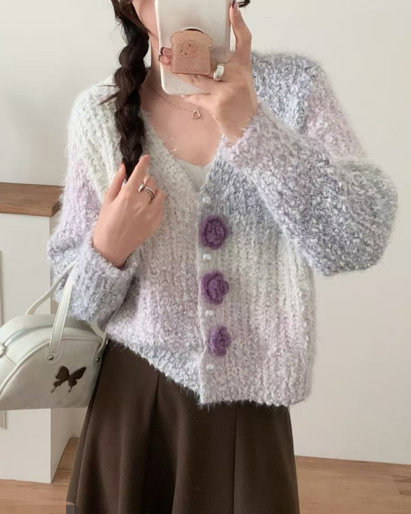 

Cardigan décontracté à fleurs 3D ombrées et perles, Purple