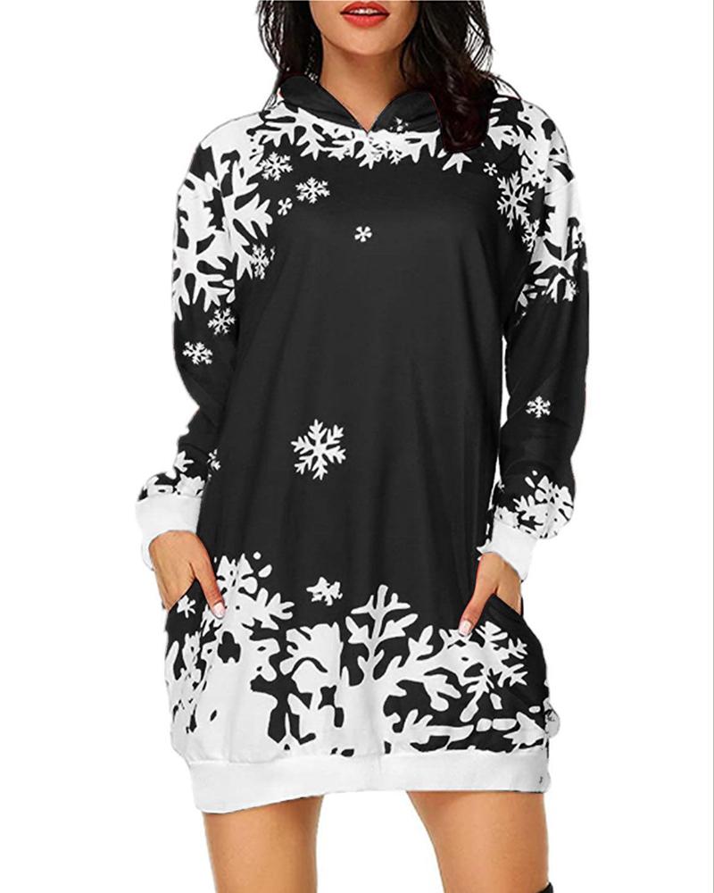 

Christmas Snowflake Print Pockets Longline Hooded Top, Black