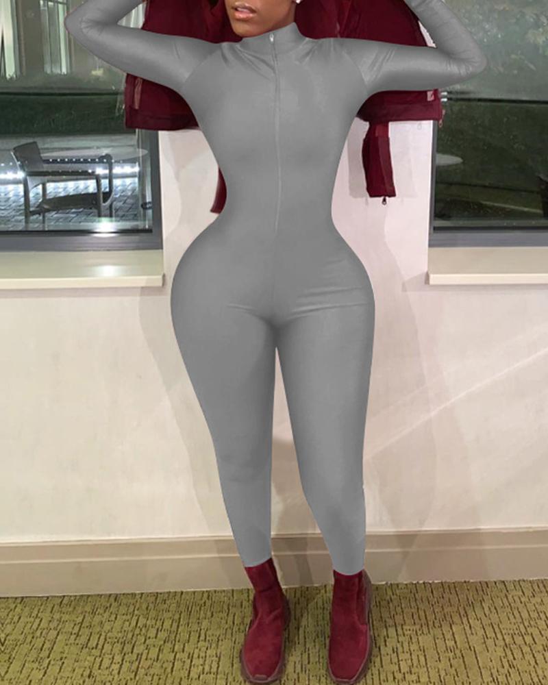 

Cut Out Front Zipper Jumpsuit, Gray