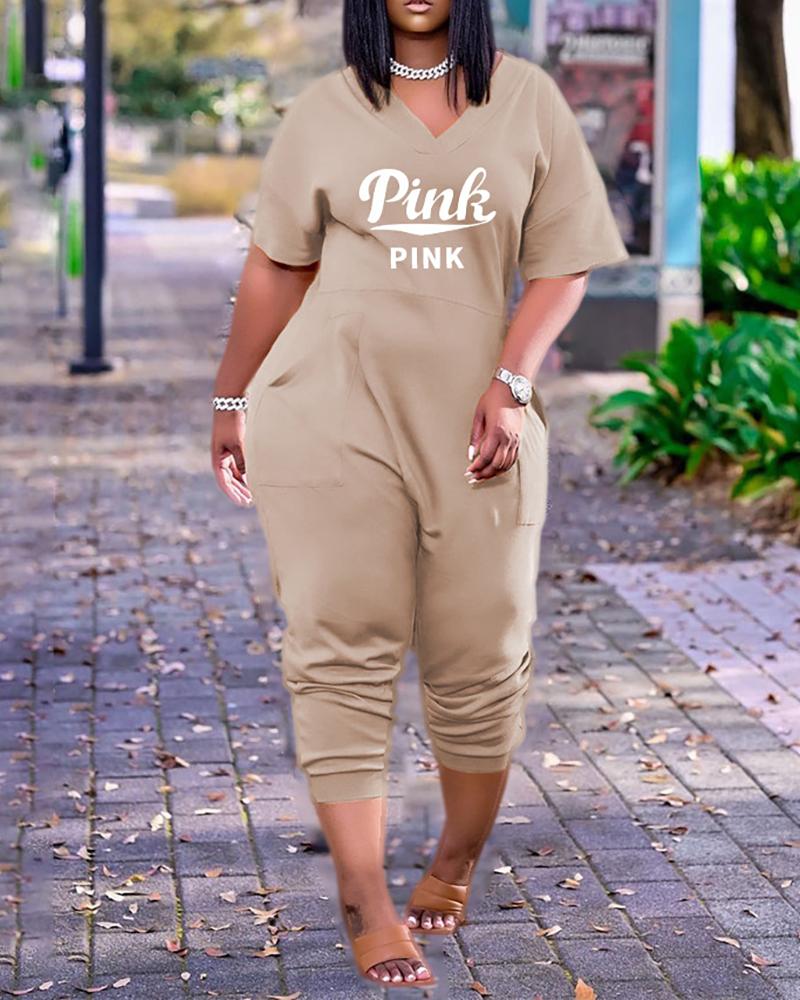 

Letter Print V-Neck Short Sleeve Pocket Design Jumpsuit, Apricot