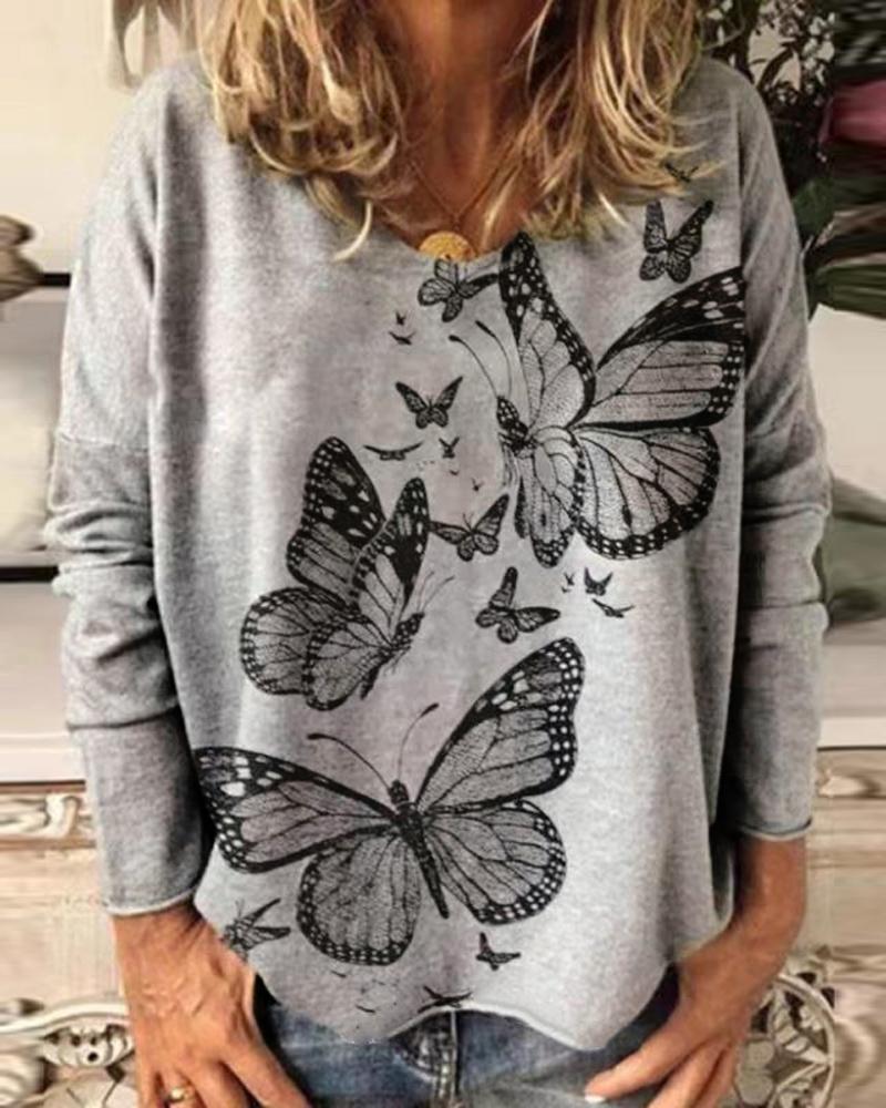 

Butterfly Print Long Sleeve Casual Top, Gray