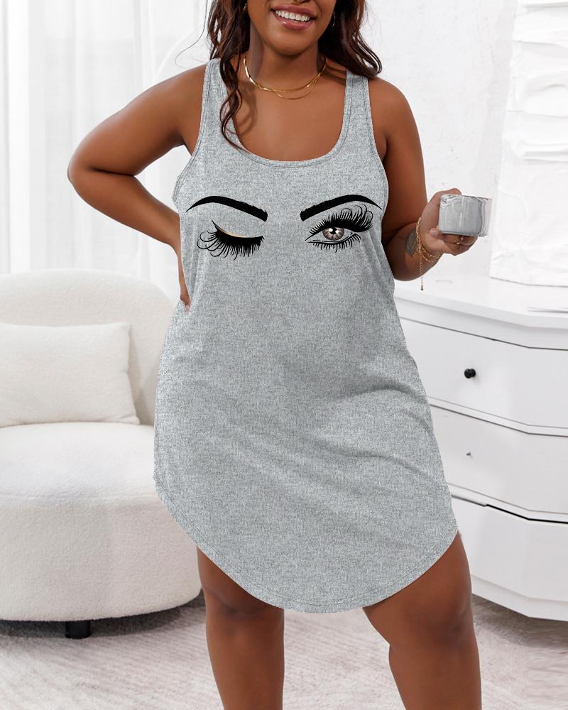 

Vestido de dormir sin mangas con cuello en U y estampado de figuras de talla grande, Gray