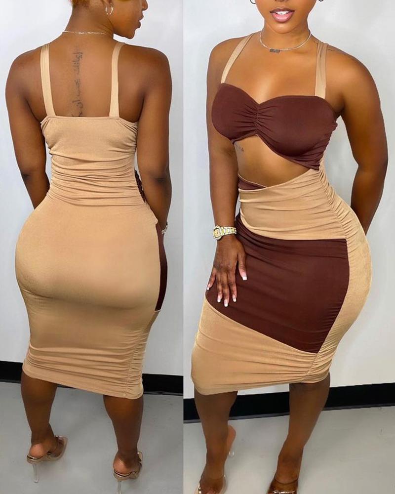 

Colorblock Cutout Front Ruched Bodycon Dress, Brown
