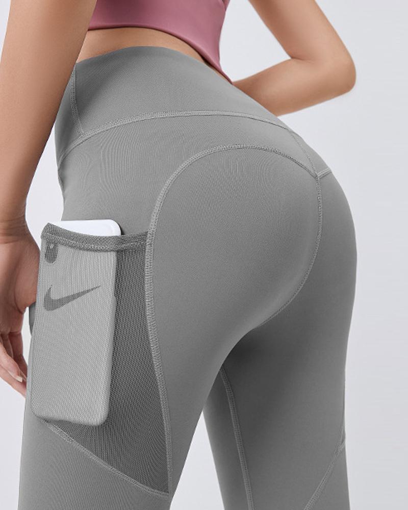 

Contrast Mesh Pocket Design High Waist Butt Lift Yoga Pants, Gray