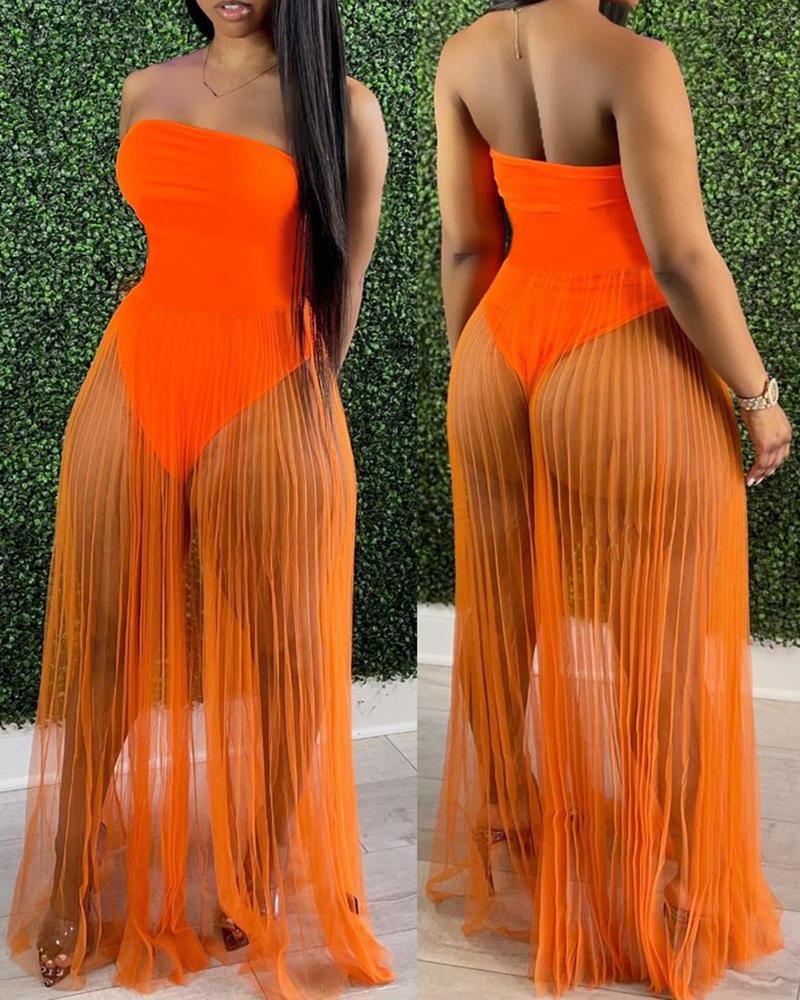 

Bandeau Sleeveless Sheer Mesh Party Dress, Orange