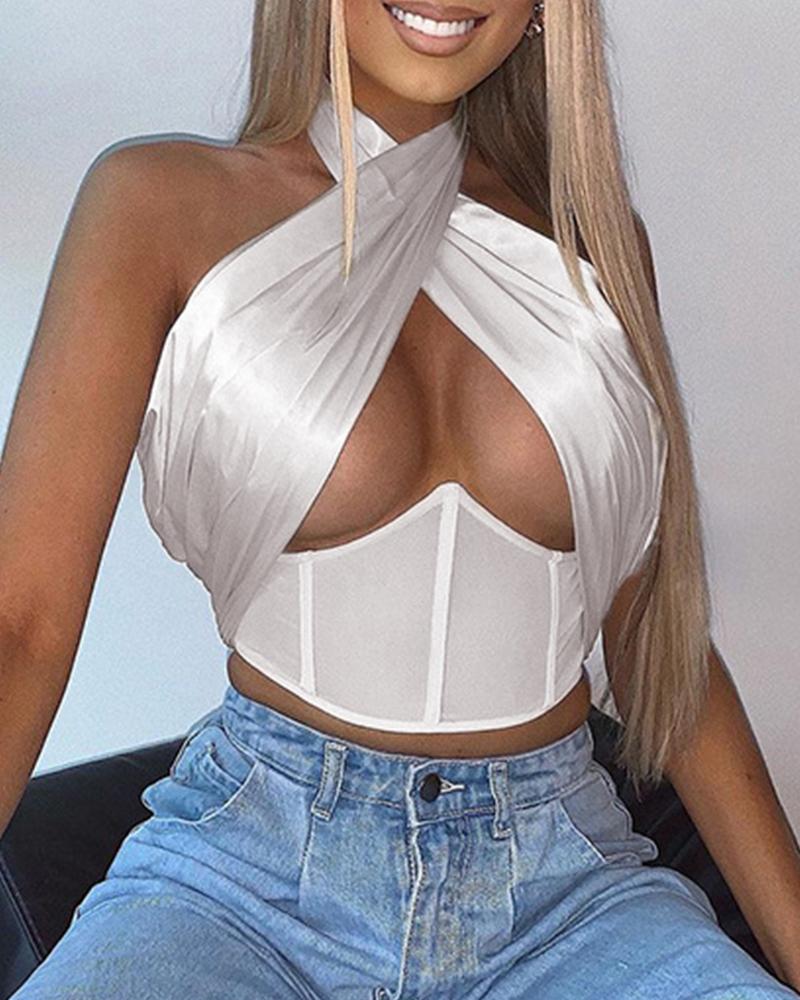 

Solid Shinny Halter Skinny Tanks, White