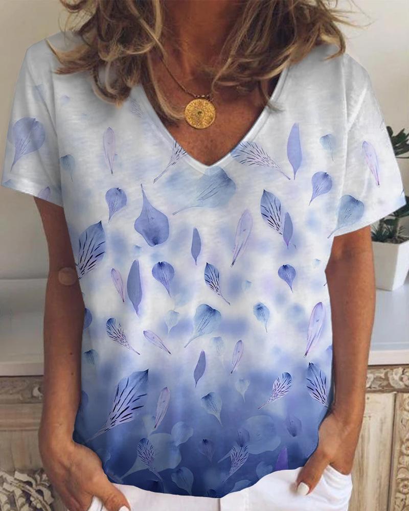 

Floral & Leafs Print Short Sleeve T-shirts, Blue