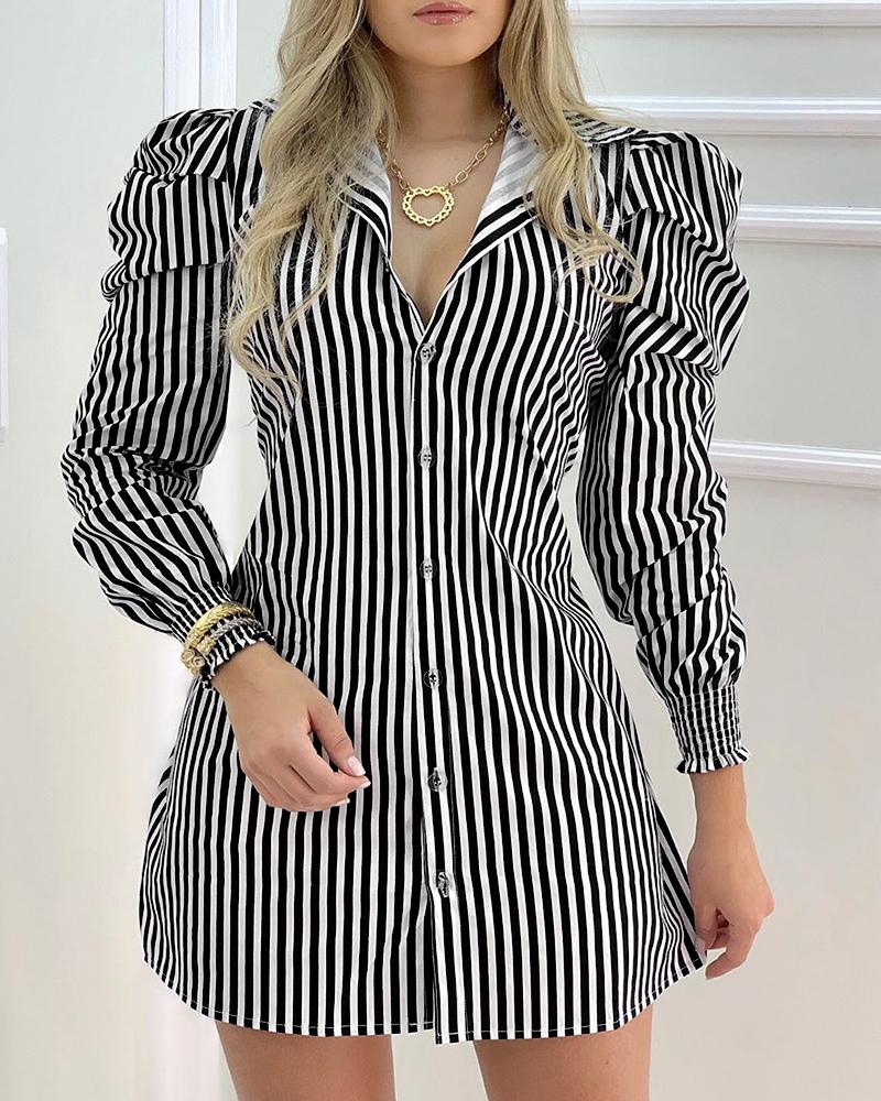 

Striped Button Design Puffed Sleeve Shirt Dress, Black