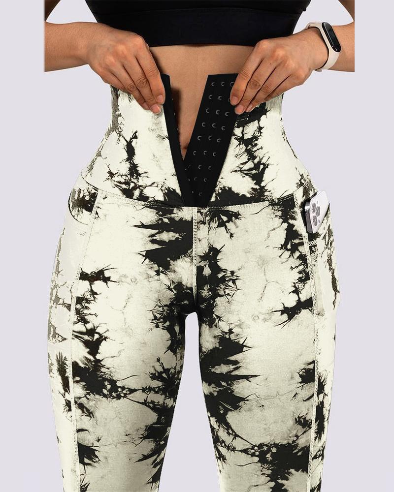 

Tie Dye Print Tummy Control Butt Lifting Pocket Design Yoga Pants, White