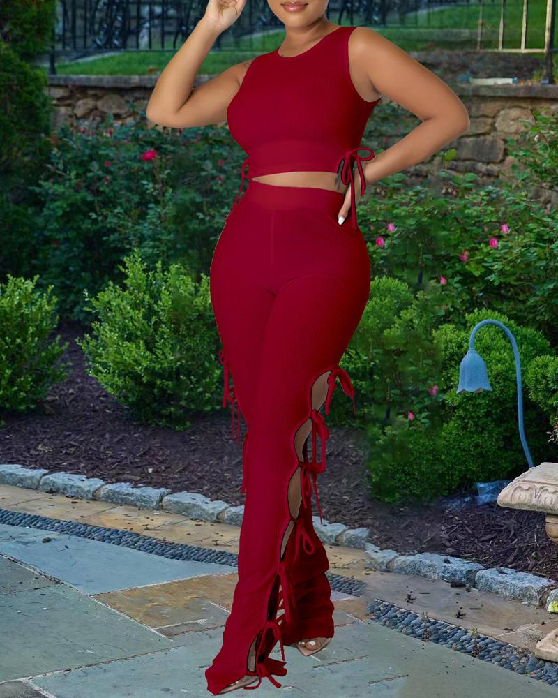 

Ribbed Tied Detail Crop Top & Cutout Pants Set, Wine red