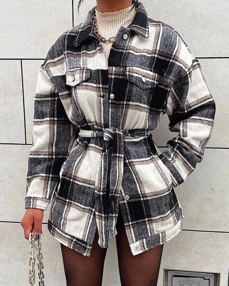 

Plaid Print Button Front Pocket Long Sleeve Coat With Belt, Black&white