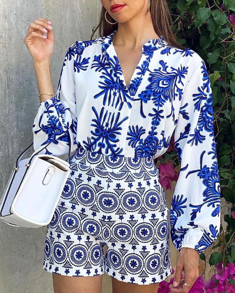 

Graphic Print Long Sleeve Top & High Waist Shorts Set, Blue
