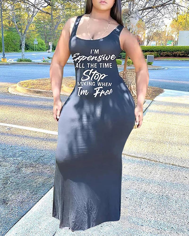 

Plus Size Letter Print Sleeveless U-Neck Maxi Dress, Gray